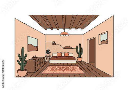 Stylish Modern Bedroom with Desert Aesthetic Potted Cacti and Geometric Patterned Rug.