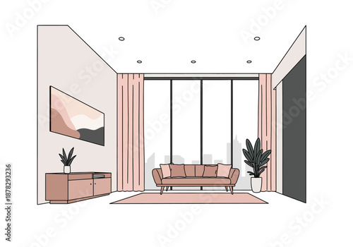 Stylish modern living room with a cozy sofa contemporary art plants and an urban cityscape view.