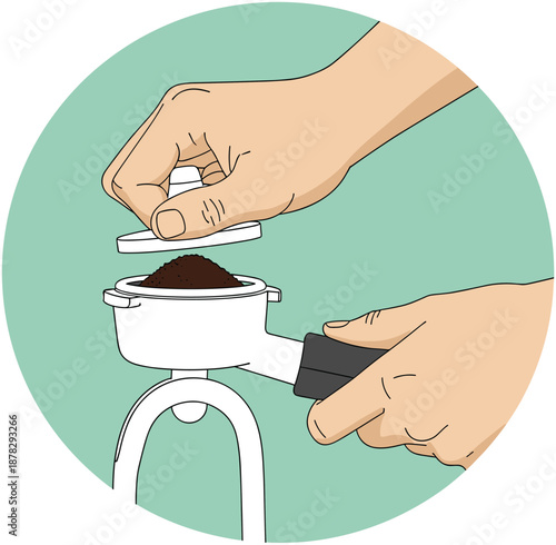 Hands Of Barista Tamping Ground Coffee In Portafilter For Espresso Preparation Cafe Service Morning Routine Hospitality Coffee Culture And Professional Beverage Vector Illustration
