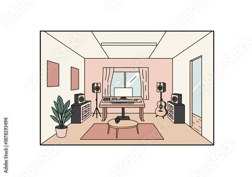 Modern home music studio setup with a keyboard monitors and acoustic guitar in a creative space.