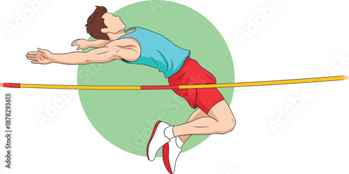 High jump athlete clearing bar illustration representing athletics competition sports performance strength agility training Olympic event flat vector design isolated background