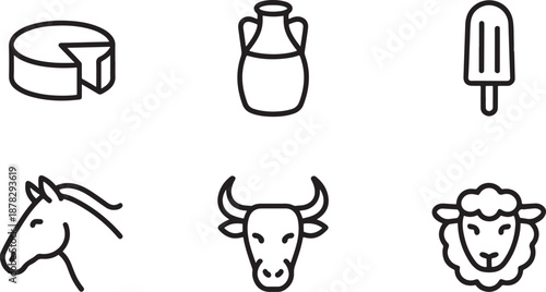 Dairy Farm Animals Icons Line Art