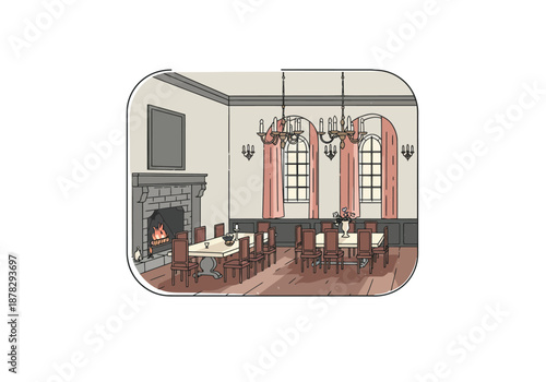 Elegant and spacious dining room with fireplace and chandeliers perfect for formal gatherings.
