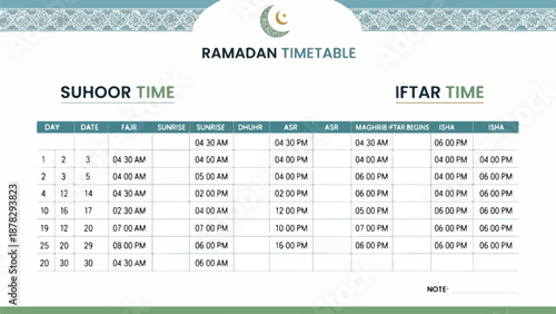 A Ramadan timetable with Suhoor and Iftar times listed