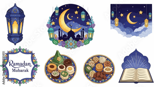 A Ramadan-themed graphic collection featuring lanterns, crescent moon, and traditional foods