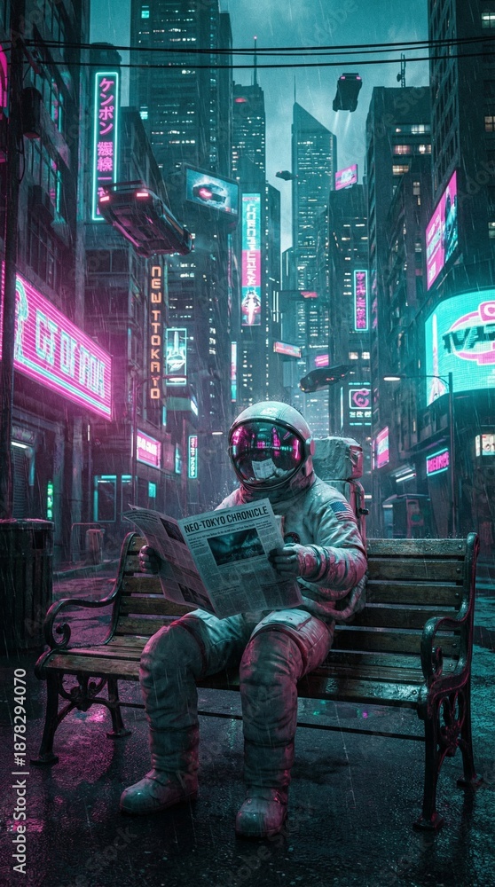 Obraz premium An astronaut reading a newspaper in a futuristic cityscape setting, a world where the lines between the cosmos and urban life blur