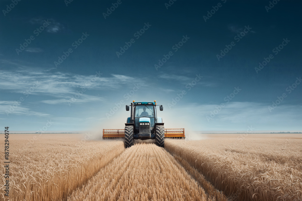 Fototapeta premium The tractors that are harvesting in the wheat field