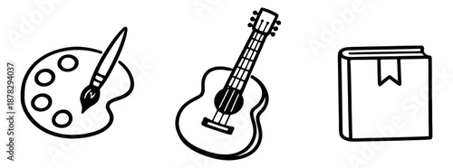 Hand drawn line art hobbies set featuring an artist's palette with a paintbrush, a guitar, and a book for creative pursuits
