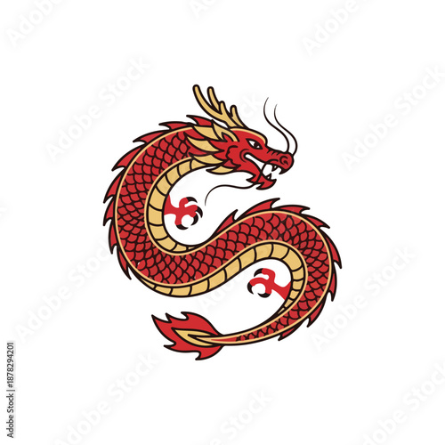 A red and gold dragon with a long curved body