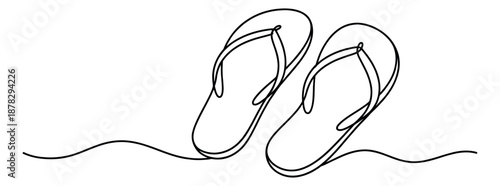 Continuous line art illustration of a pair of flip flops for summer vacation
