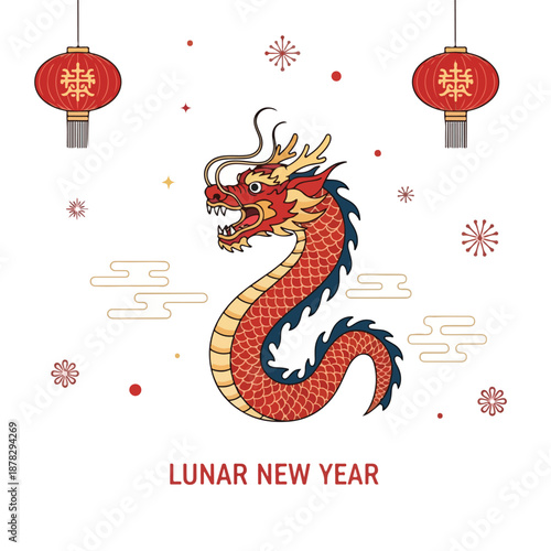 A red dragon surrounded by lanterns and fireworks