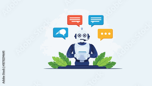 A robot holds a tablet with speech bubbles and leaves