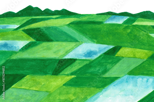 手描き水彩イラスト　田舎の田園風景