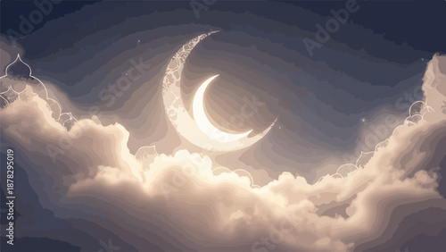 A serene crescent moon shines through soft, layered clouds