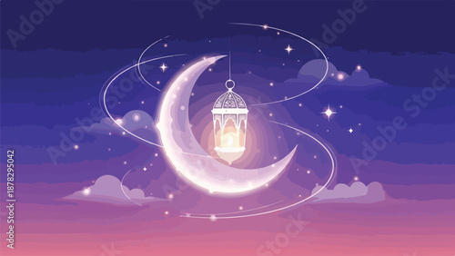 A serene crescent moon with a hanging lantern in a starry night sky