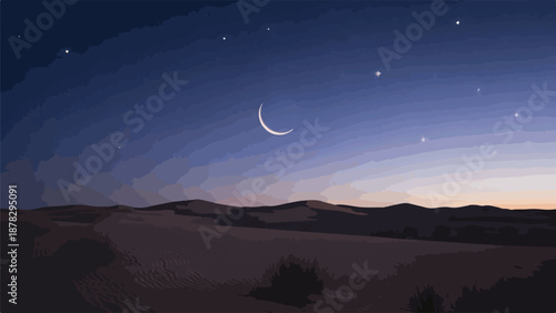 A serene desert landscape under a starry night sky with a crescent moon