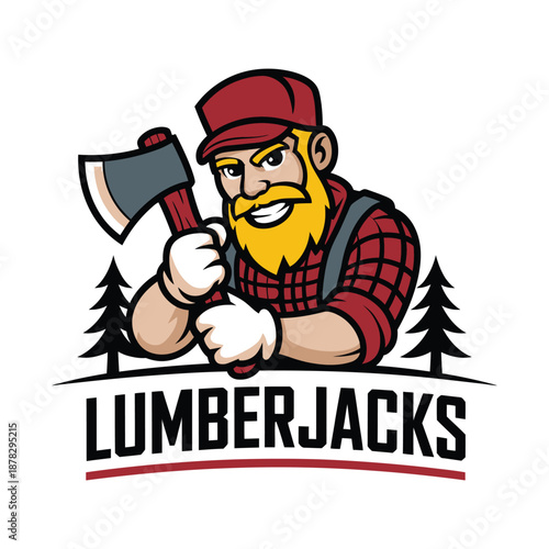 Cartoon lumberjack man with axe and red plaid shirt lumberjacks logo icon