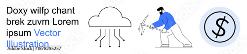 Technology, cryptocurrency, mining, data storage, financial growth, digital security. A figure mining near a digital cloud and financial symbol. Technology and cryptocurrency concepts