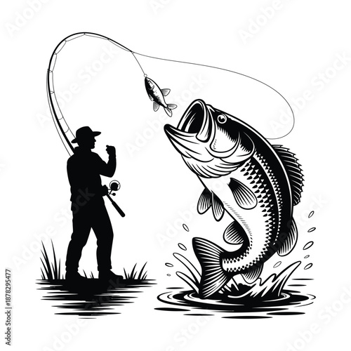Man fishing with rod and reel catching big fish with small bait  fishing scene icon