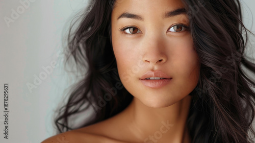 Asian woman beauty portrait with natural makeup and bare shoulders. Beauty and skincare concept