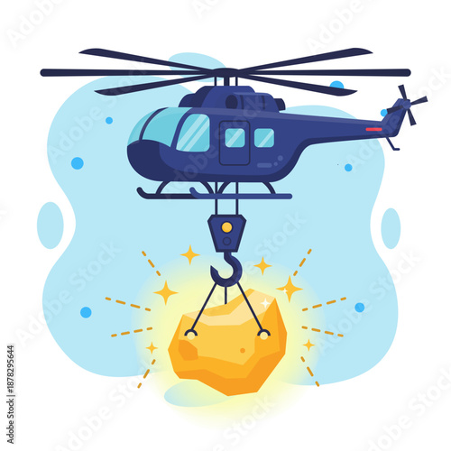 Helicopter lifting giant gold ore using crane hook flat design vector illustration for mining application empty state ui