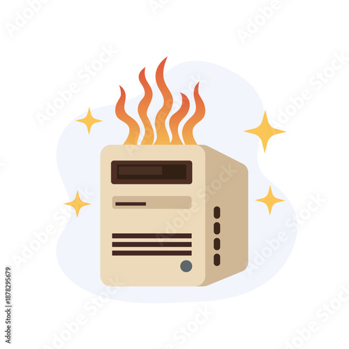 Computer server overheating failure flat design vector illustration showing a critical burning error message empty state ui concept