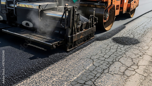 Asphalt paver laying fresh road surface next to old cracked pavement, with a road roller in the background. Road construction.