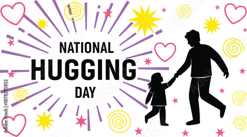National Hugging Day illustration with parent and child silhouette joyful stars hearts celebration love care family bonding concept design