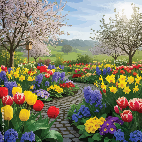 A serene garden scene with a brick path