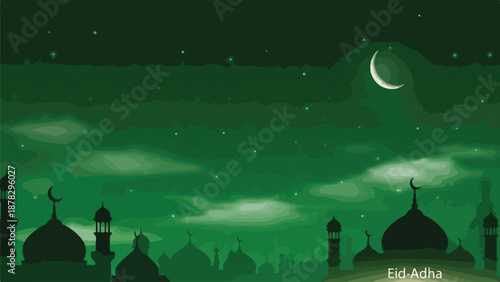 A serene green cityscape at night with mosques