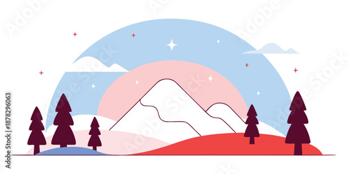 Stylized mountain landscape with trees and sunset, ideal for creative projects, presentations, and marketing materials