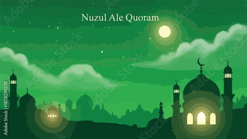 A serene green night scene with mosque silhouettes