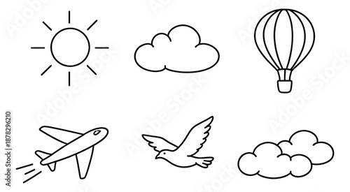 Hand drawn line art sky elements set featuring a sun, clouds, hot air balloon, airplane, and flying bird for travel and weather designs