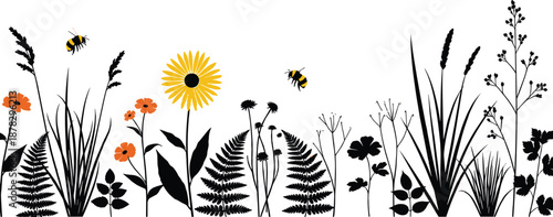 Horizontal wildflower border with black floral silhouettes and yellow meadow flowers and honey bees isolated on white background for spring banner and nature header
