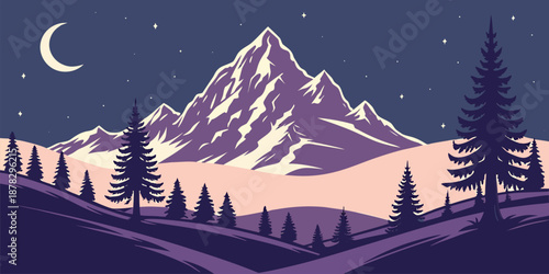 Serene stylized landscape illustration of a majestic mountain under a starry night sky, evoking feelings of calm and natural beauty.