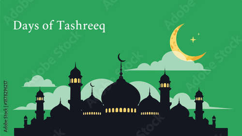 A serene green poster with a mosque and crescent moon