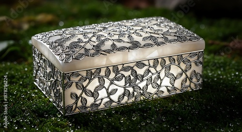 An elegant treasure box carved from a single piece of luminous, white moonwood. Silver filigree depicting forest vines