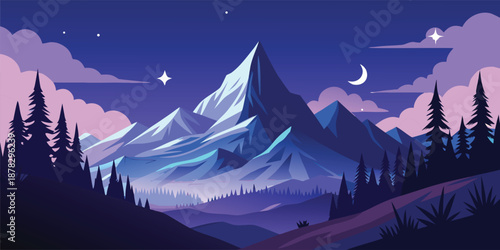 A stylized illustration of a majestic mountain landscape under a starry night sky, evoking feelings of serenity and wonder.