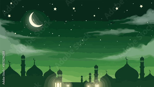 A serene green-toned nighttime scene of a mosque under a starry sky