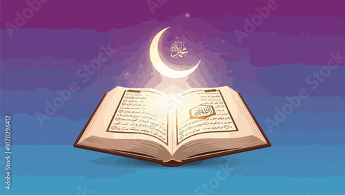 A serene illustration of an open book with a crescent moon