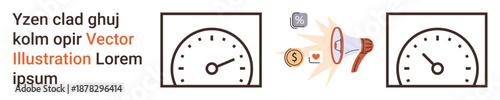 Communication tools, data notifications, feedback processing, audience engagement, marketing, sound alerts. Loudspeaker with icons between two speedometers. Communication tools and notifications