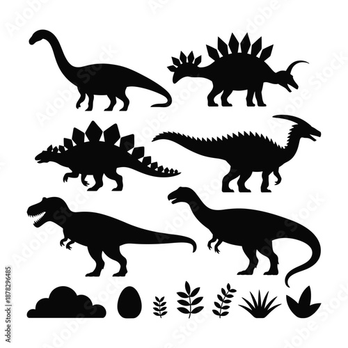 Set of black silhouette dinosaurs and plants on white background icon