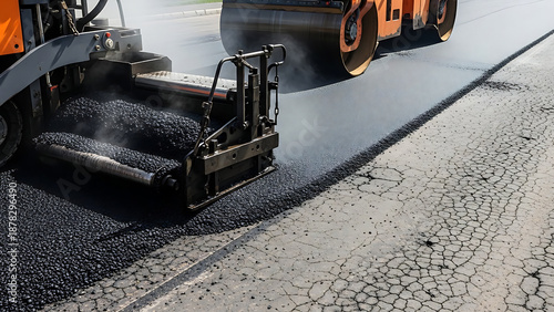 Asphalt Paving: Road paver lays fresh hot mix, followed by a heavy roller compacting the new road surface.