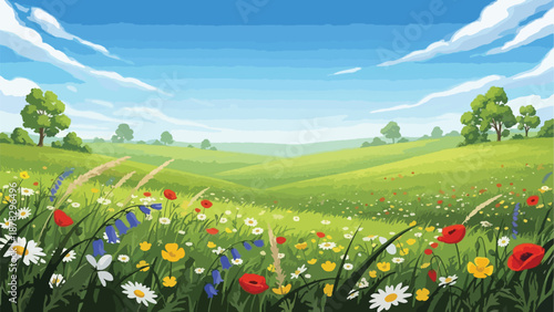 A serene landscape with a vibrant field of flowers