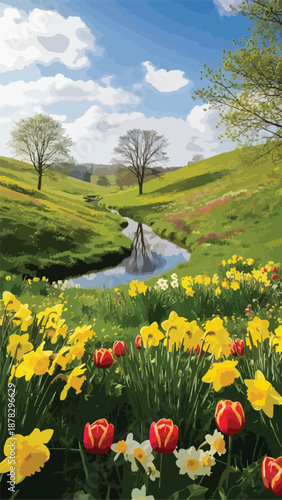 A serene landscape with a stream, colorful flowers, and trees