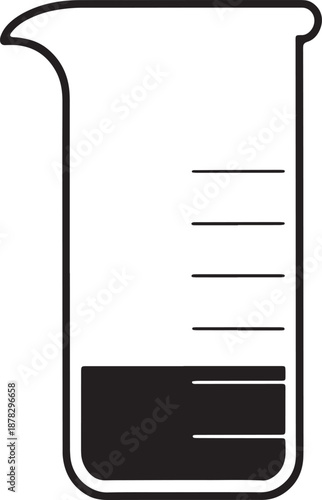 Black and white of a laboratory beaker with liquid and measurement markings science