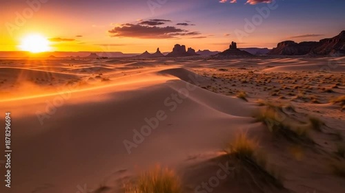 Golden Desert Dunes at Sunset with Rock Formations