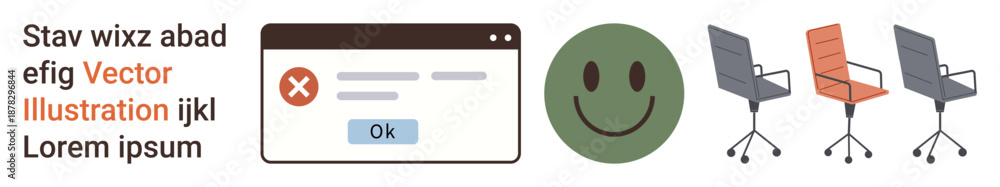 Fototapeta premium Error handling, positivity, workplace design, software UI, emotions, administrative tools. A browser error message, happy face icon and office swivel chairs. Error handling and positivity concept