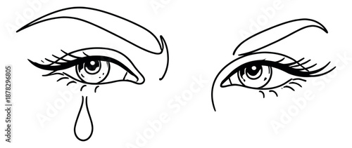 Hand drawn line art eyes set featuring a crying eye and a serene eye for emotional expression