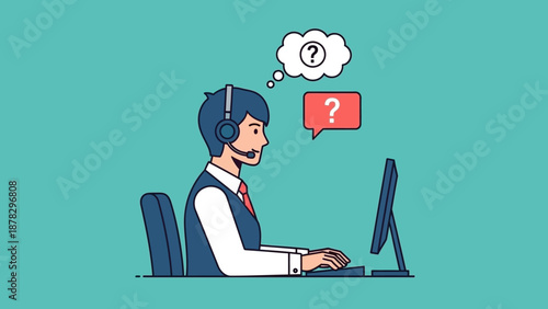 Man Wearing Headset Working on Computer.